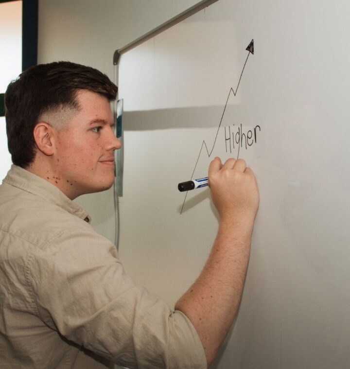 A team leader mapping out the plan on a whiteboard
